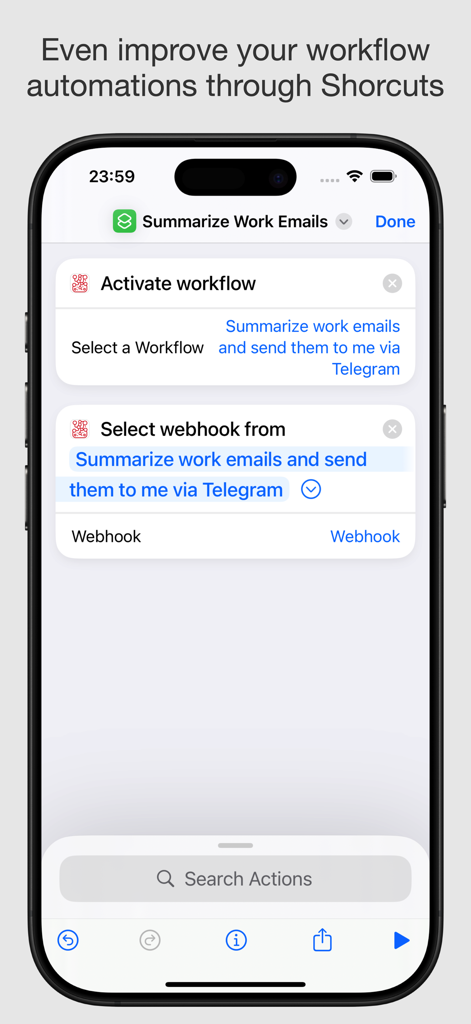 n-eight-n Workflows - Tela do iPhone mostrando a integração de fluxo de trabalho n8n em Atalhos do iOS para automatizar resumos de e-mail