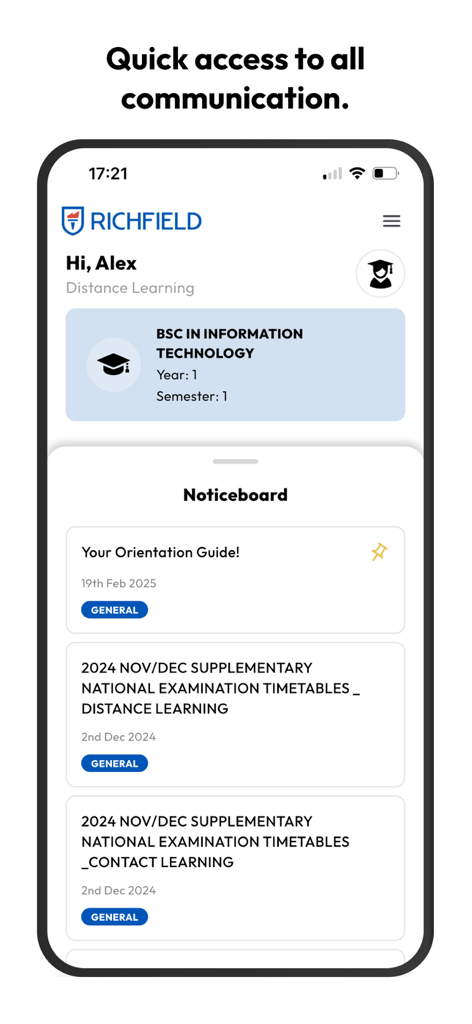 Richfield Education - Screenshot of the Richfield Education app student dashboard showing the noticeboard and course information