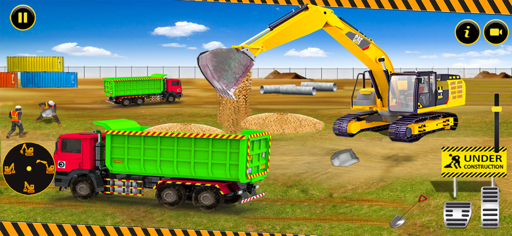 Yellow excavator loading sand into a green dump truck on a construction site in a simulation game.