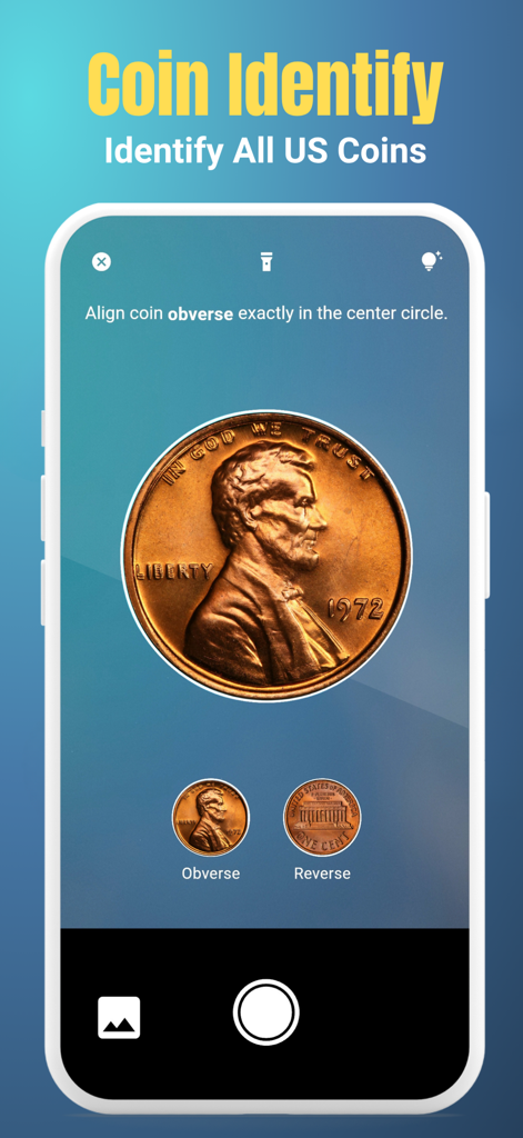 Mobile app interface showing the scanning process to identify a 1972 US penny obverse