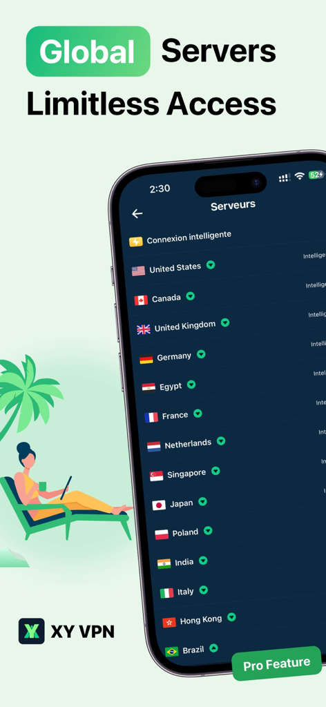 XY VPN - Secure Your Network - Interfaz de la aplicación XY VPN que muestra una lista de ubicaciones de servidores globales, incluyendo Estados Unidos, Canadá y Reino Unido, para acceso seguro a la red