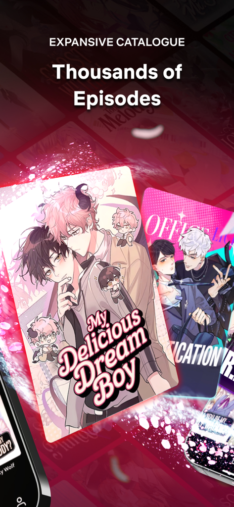 BlinkToon app displaying an expansive catalogue of animated BL comics with thousands of episodes.