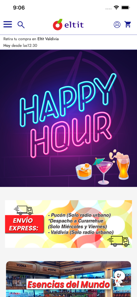 Eltit shopping app home screen featuring promotional banners for happy hour and express delivery
