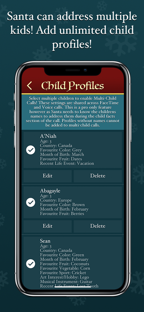Speak to Santa™ Christmas Call - Interface showing multiple child profiles with personalized details for Santa calls
