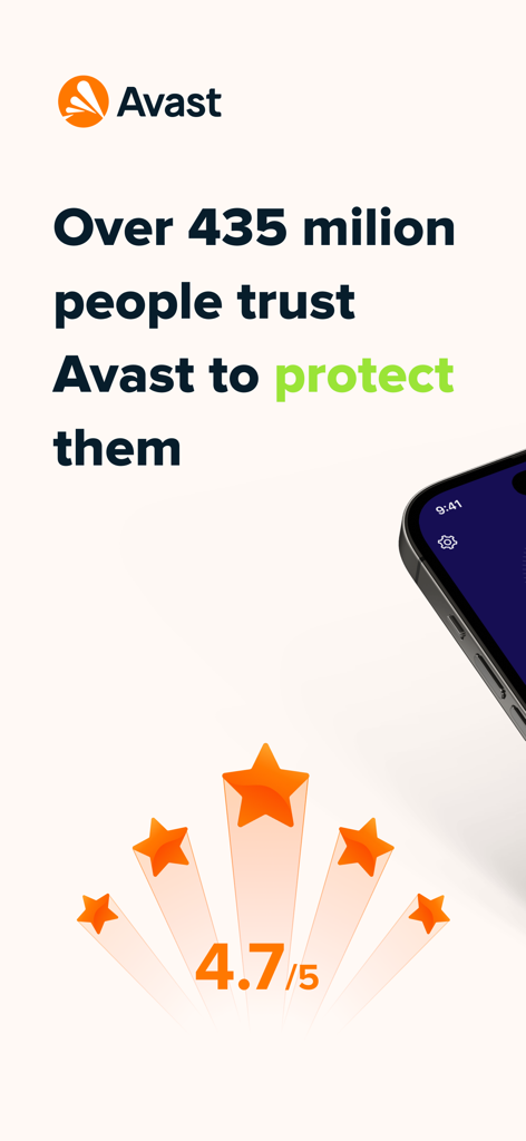 Avast mobile app screenshot highlighting over 435 million users and a 4.7 out of 5 star rating