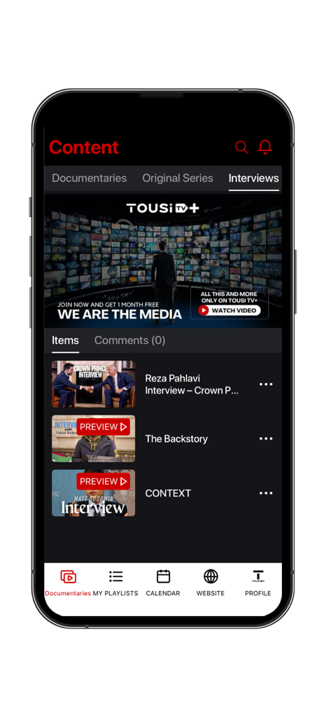 Tousi TV+ - Tousi TV plus 앱의 인터페이스에서 인터뷰 섹션 및 비디오 콘텐츠 목록을 보여줌