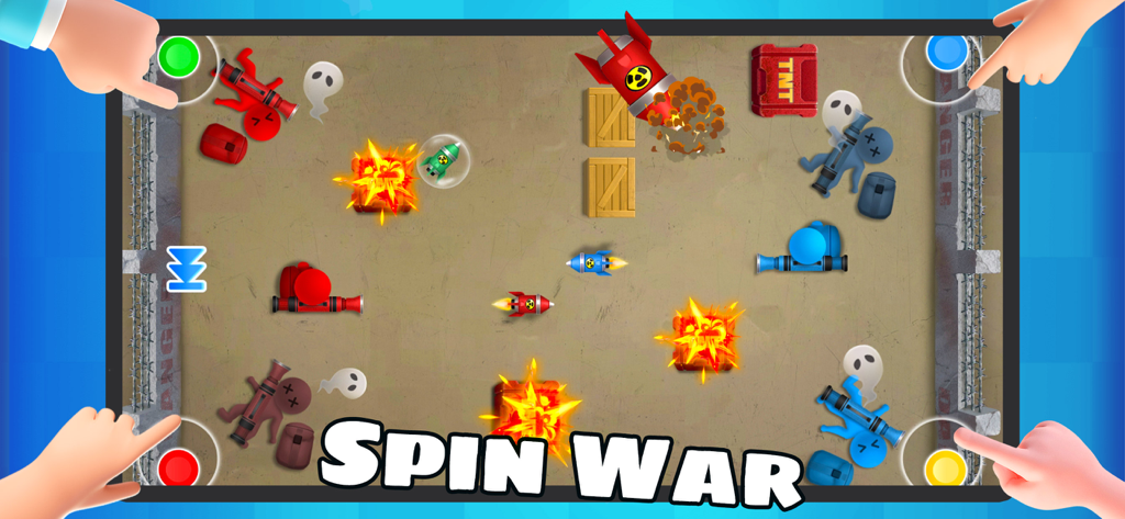 Cuatro jugadores compitiendo en un minijuego de batalla de cohetes llamado Spin War