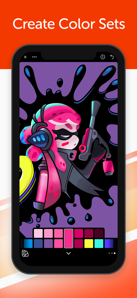 Linea Sketch - 커스텀 컬러 팔레트 인터페이스를 보여주는 Linea Sketch 내 캐릭터의 디지털 일러스트레이션.