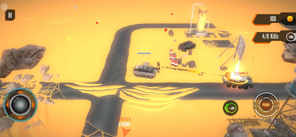 Tanks Blitz: Battle Tank Games - Vista aérea de un tanque disparando a un vehículo enemigo en un entorno desértico en Tanks Blitz