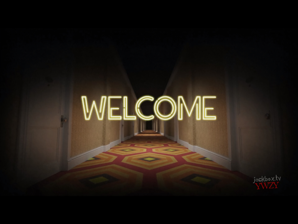 The Jackbox Party Starter - Un corridoio spettrale di un hotel con un cartello di benvenuto giallo neon in Trivia Murder Party 2