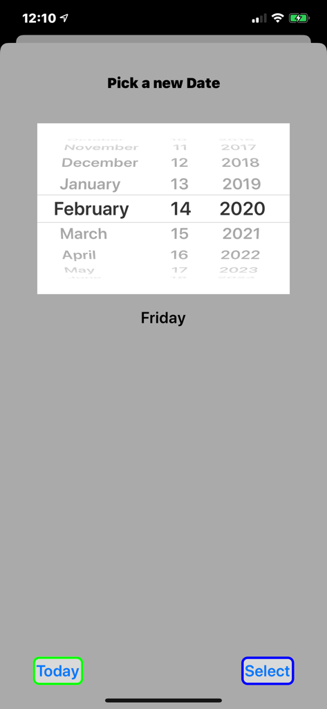 Date selection screen with a scrollable wheel for day month and year in the Civil Twilight Calculator app