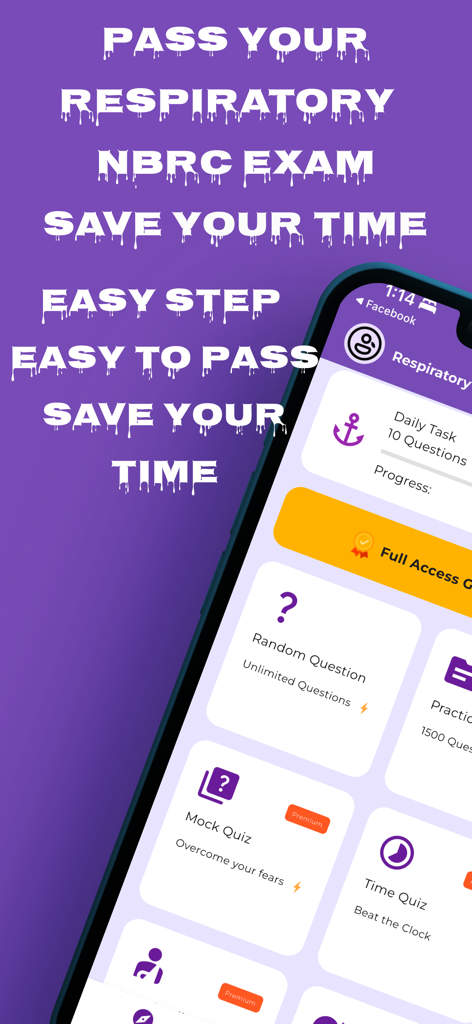 Respiratory Therapist NBRC - Interface do aplicativo móvel para preparação para o exame NBRC de Terapeuta Respiratório mostrando tarefas de estudo e opções de quiz