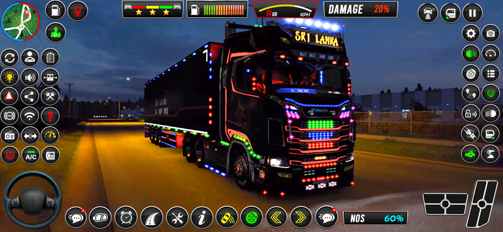 Un camión negro personalizado con luces LED de neón de colores conduciendo de noche en el juego simulador Euro Truck Driving.