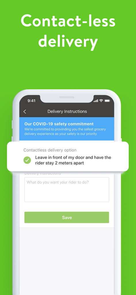 MetroMart: #1 Grocery Delivery - MetroMart app interface showing contactless delivery options with a prompt to leave items at the door