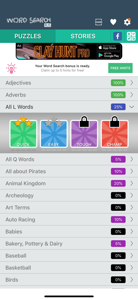 Menu principal de l'application Puzzles de mots cachés RJS montrant des catégories de puzzles comme Adjectifs et Royaume Animal avec des niveaux de difficulté allant de Rapide à Champion.