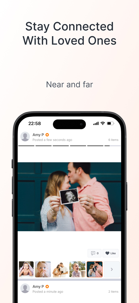 23snaps: Private Family Album - A smartphone screen displaying a private family album with photos of a baby and a couple holding a sonogram