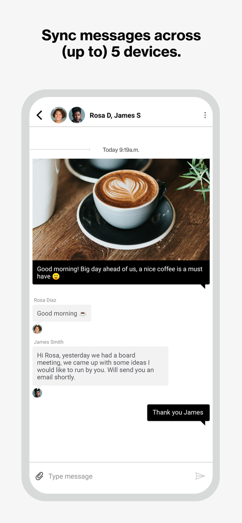 Verizon One Talk - Verizon One Talk mobile app interface showing a business chat conversation and a notification about syncing messages across five devices