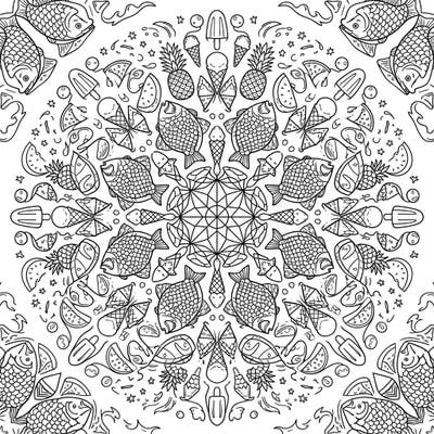 Immerse yourself in a vibrant summer scene with this unique Snapper fish mandala. This symmetrical design blends tropical elements and marine life for a truly engaging coloring experience.