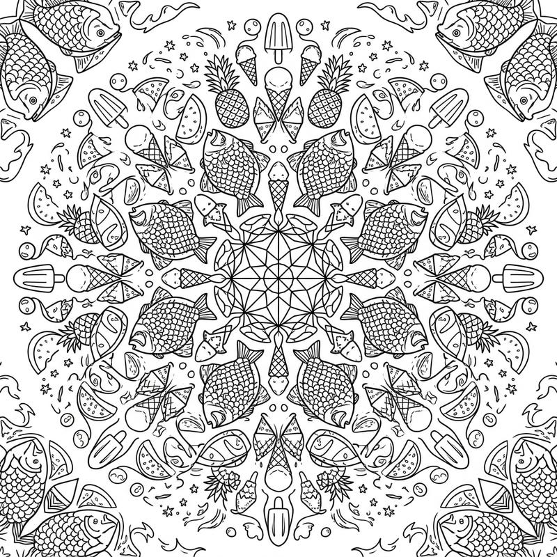 Immerse yourself in a vibrant summer scene with this unique Snapper fish mandala. This symmetrical design blends tropical elements and marine life for a truly engaging coloring experience.