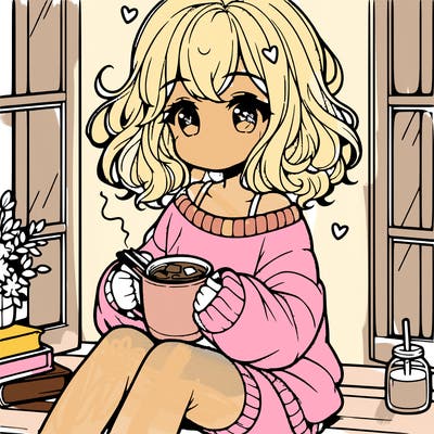 cute anime girl reading book and drinking hot chocolate from mug with loose wavy hair wearing a baggy sweatshirt and shorts sitting by windowsill looking out