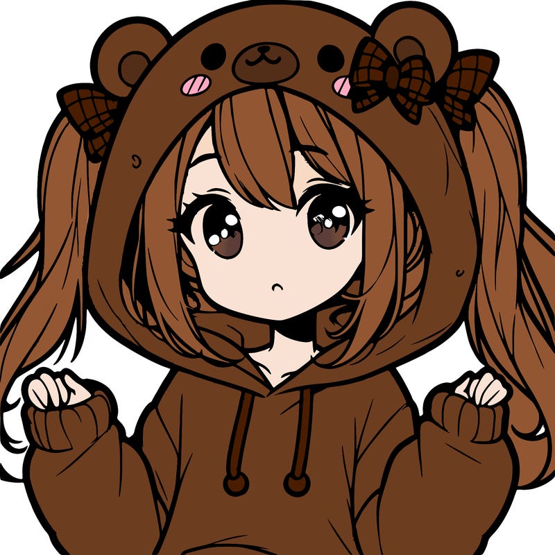 cute anime girl with ponytails and a cute bear hoodie