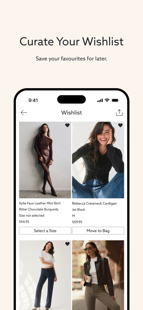 Dynamite: Online Fashion - Interface de liste de souhaits de l'application de mode Dynamite avec des articles de vêtements sélectionnés.