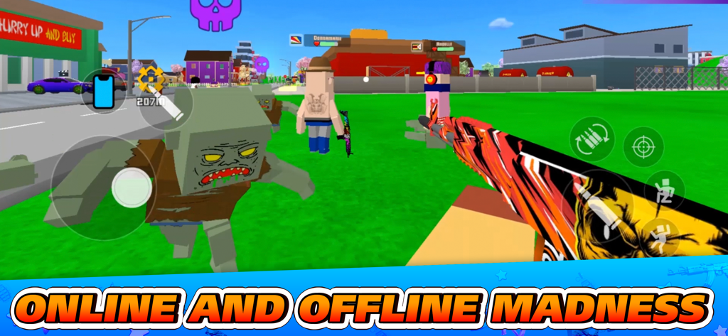 Gangs Wars City: Pixel Shooter - First person pixel shooter gameplay featuring blocky characters and a colorful gun in an open world city