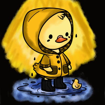baby duck in a rain coat and boots, in a puddle while it’s raining