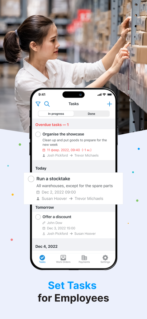 Orderry - Orderry app task management interface showing a list of overdue and upcoming work orders for employees