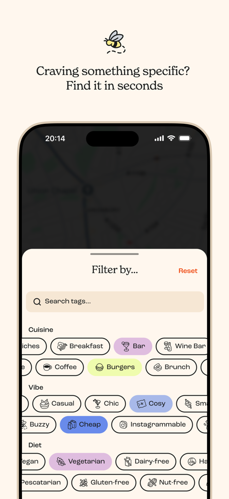 Appetite: Restaurant Tracking - Interface of the Appetite app showing restaurant filters for cuisine vibe and dietary requirements.