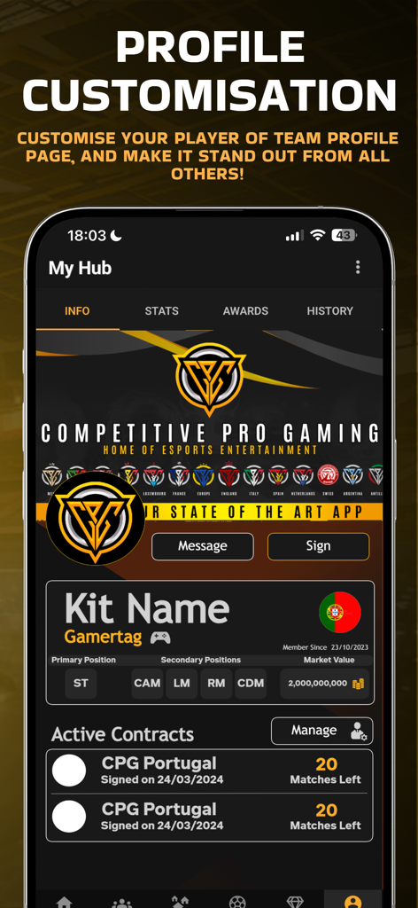 CPG - Competitive Pro Gaming - Player profile customization screen in the CPG app showing gamer stats and team contracts.