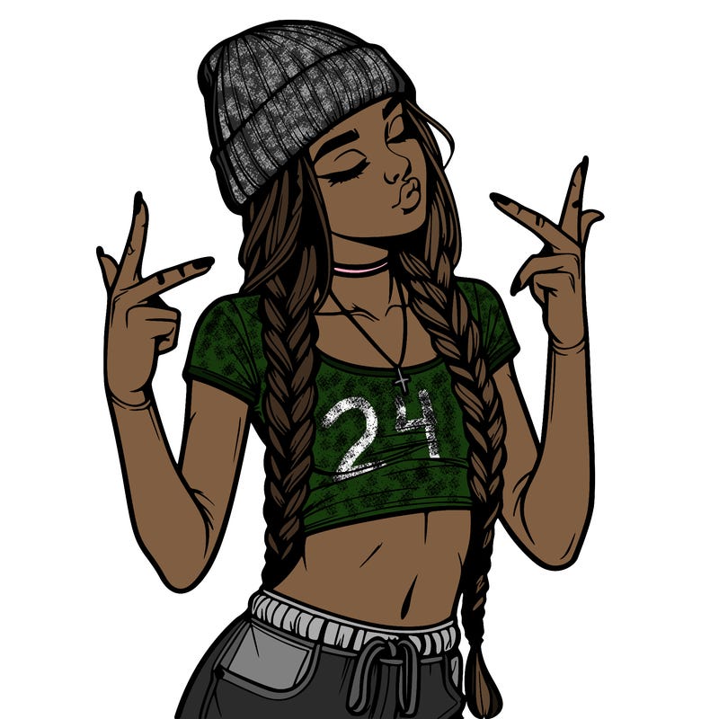 realistic teenage girl with braids and a beanie and crop top doing 🫶🏼