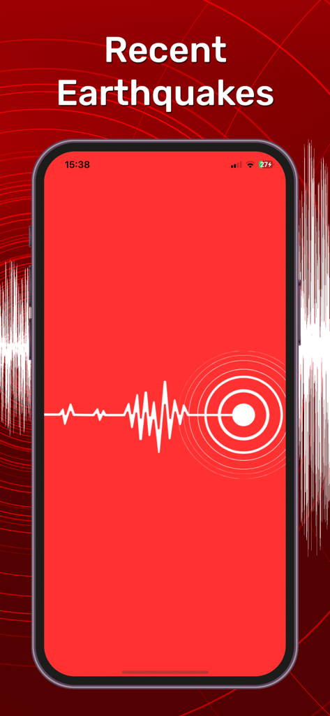 지진파 그래픽과 최근 지진 텍스트가 특징인 최신 지진 앱 시작 화면