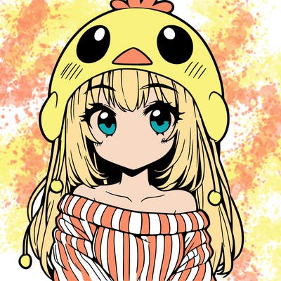anime girl with chick shaped hat with sweater with bare shoulders with bangs covering them one eye with low tail