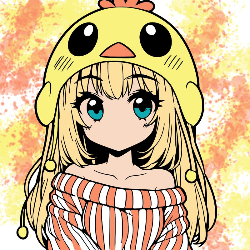 anime girl with chick shaped hat with sweater with bare shoulders with bangs covering them one eye with low tail