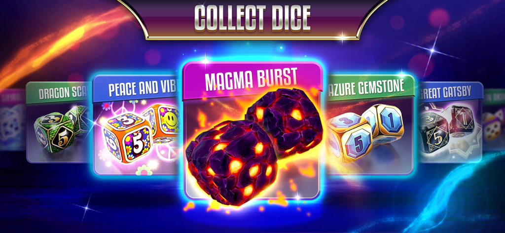 Una colección de skins de dados 3D personalizables en Backgammon Legends, incluyendo estilos Magma Burst y Azure Gemstone.