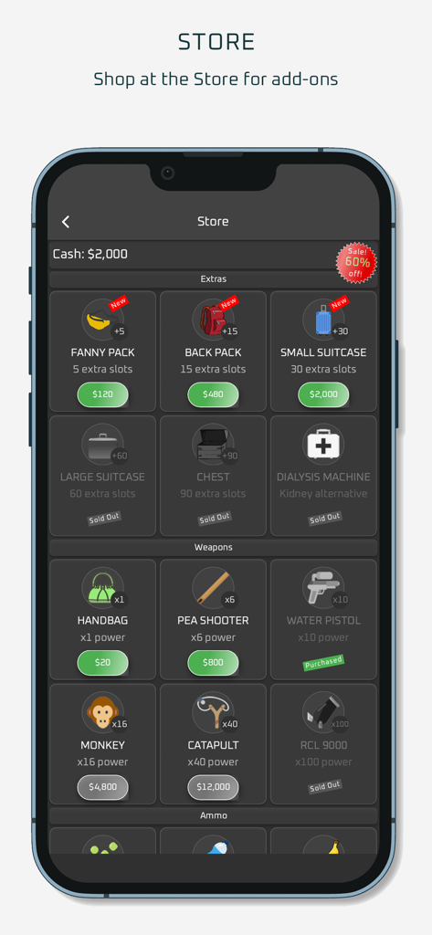 Menü im Spiel, das Lager-Upgrades und Waffen in Dope Wars Weed Edition anzeigt