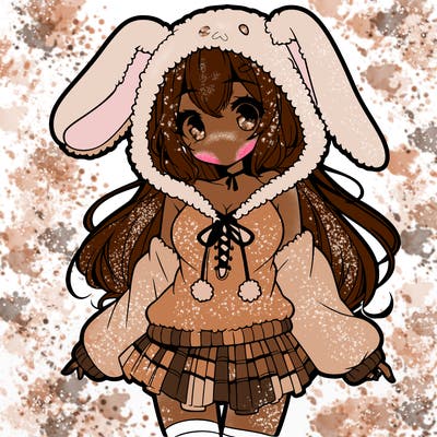pretty anime girl wearing a fluffy hoodie with bunny ears on the hood and a skirt