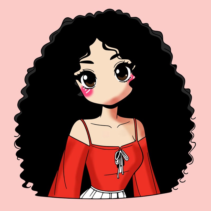 a black anime girl with long afro hair