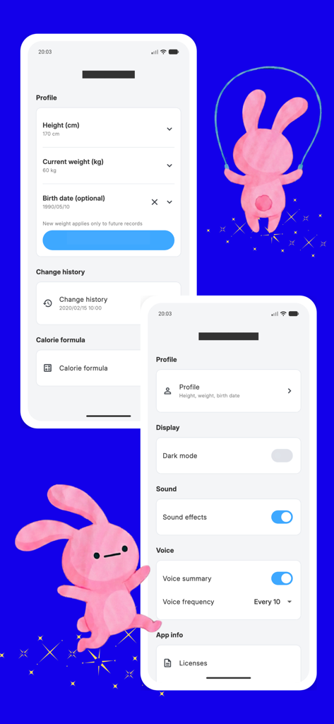 Jump Rope Fitness:Jump Counter - Jump Rope Fitness app screens for profile configuration and voice settings.
