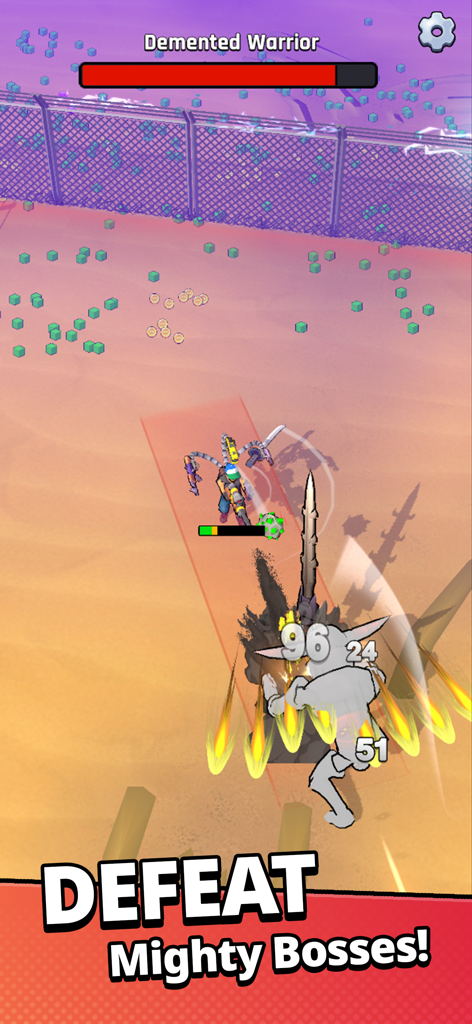 A survivor character with mech arms fighting a large boss named Demented Warrior in a desert landscape