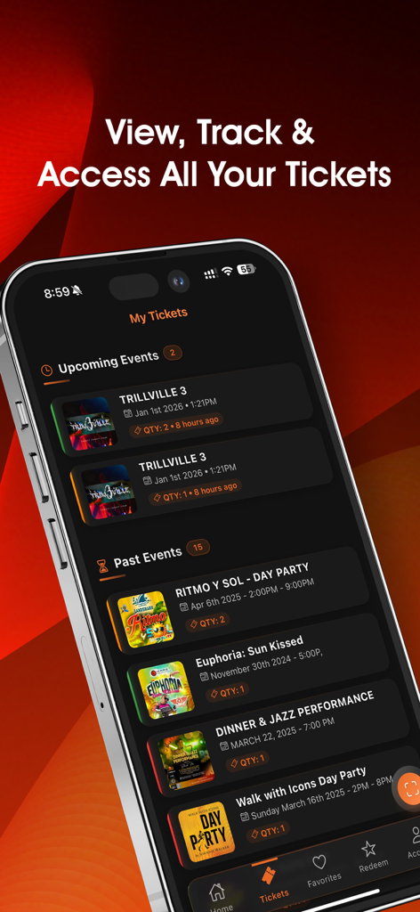 KwiqPassアプリのインターフェイスに、今後のイベントチケットや過去のイベントチケットのリストが表示されています