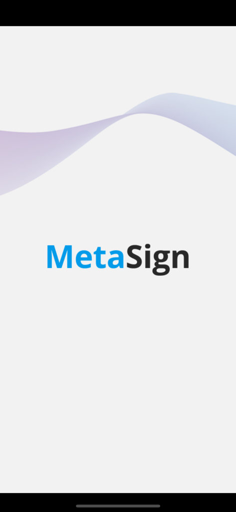 Signo Application - Logo de la aplicación MetaSign sobre un fondo blanco con una sutil onda púrpura
