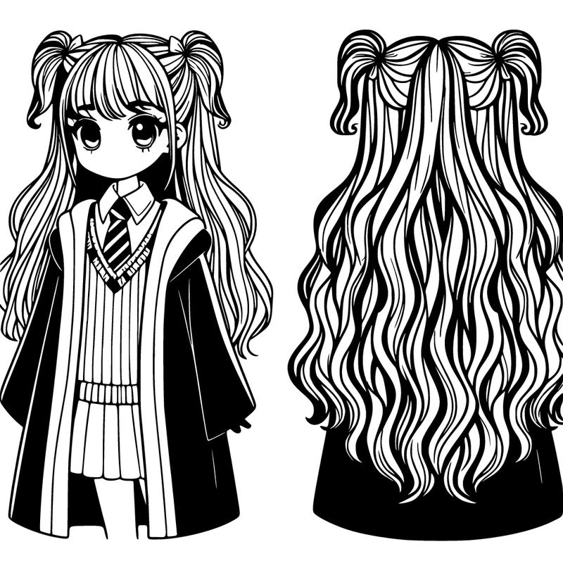 girl with long hair and curtain bangs wearing gryffindor robes full photo