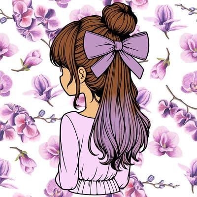 realistic girl  with hip length hair a bun and a big bow on the back of head