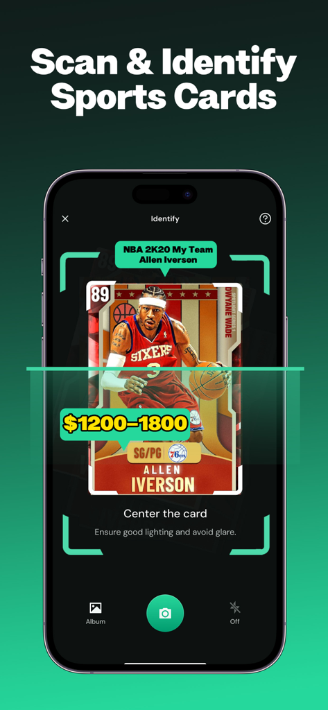 CardSnap - Sports Card Scanner - A smartphone using CardSnap app to scan and identify an Allen Iverson sports card with a value estimate of 1200 to 1800 dollars.