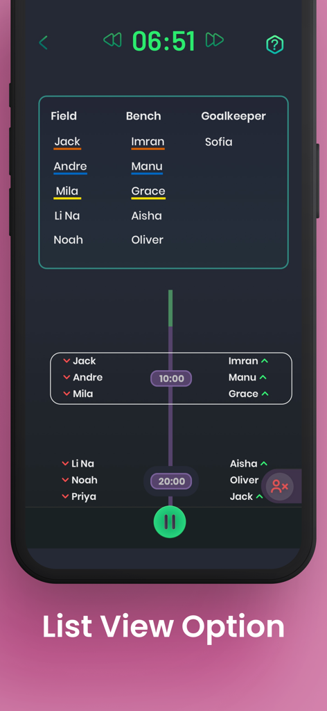 SubNow: Player Rotation Timer - SubNow app interface showing player rotation list view with game timer and substitution schedule