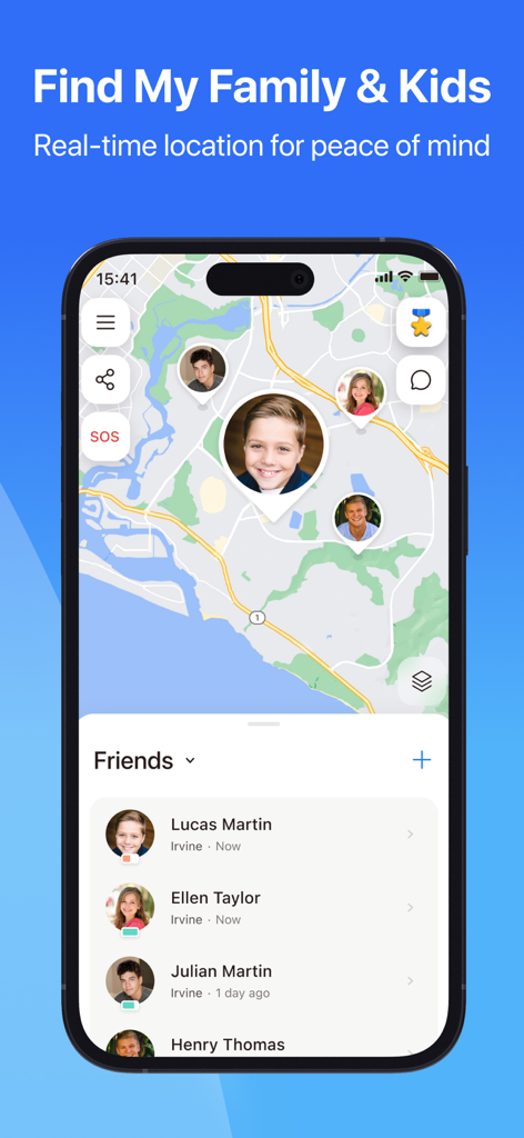 Smartphone screen showing iSharing app with family members real time locations on a map