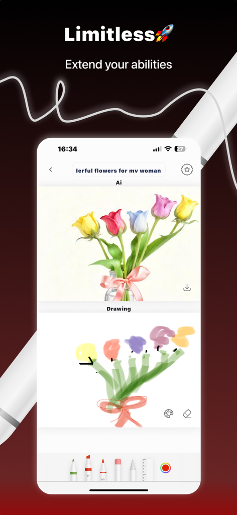 Your Drawing To Art : Picasso - Screenshot of the Picasso app showing a simple flower sketch transformed into realistic AI art with the headline Limitless Extend your abilities