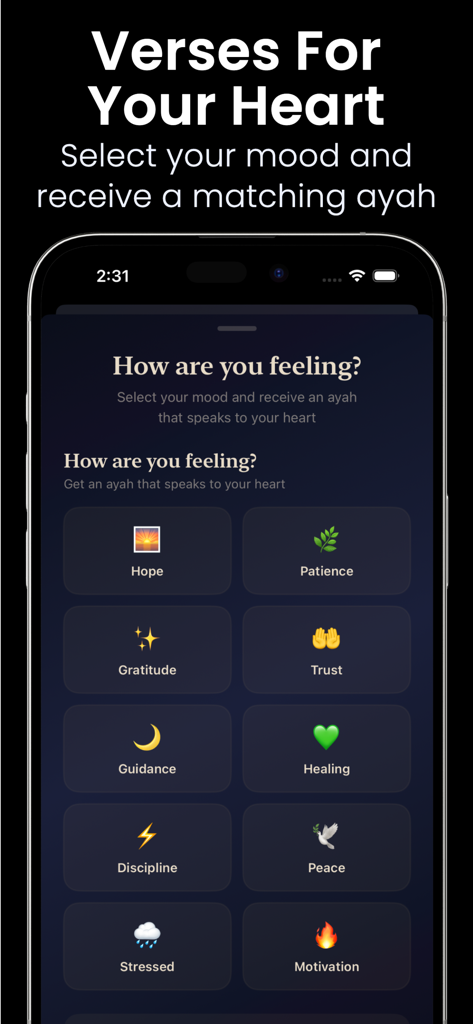 Ayah Widget - Écran de sélection d'humeur dans Ayah Widget pour des versets personnalisés du Coran basés sur des émotions comme l'espoir et la patience.